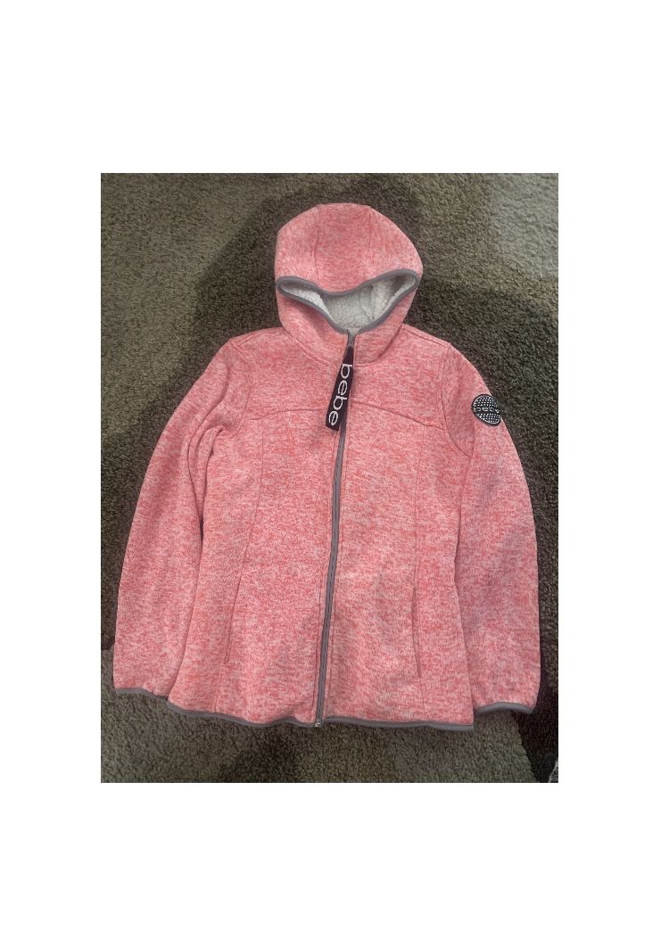 Size Medium, Bebe Sport Orange/Pink Sherpa Lined Zip Up Hooded Jacket Sweatshirt