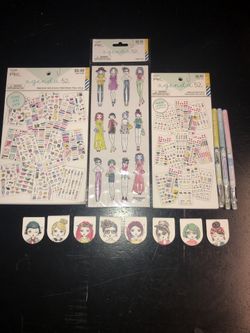 New unused from Hobby Lobby Agenda 52/The Paper Studio watercolor girls planner items. Pens, 2 sets of magnetic page markers, 2 sticker books, & a p