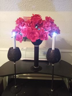 Tall Black Glitter Vase With 2 Wine Glass Candleholders With LED Candles 