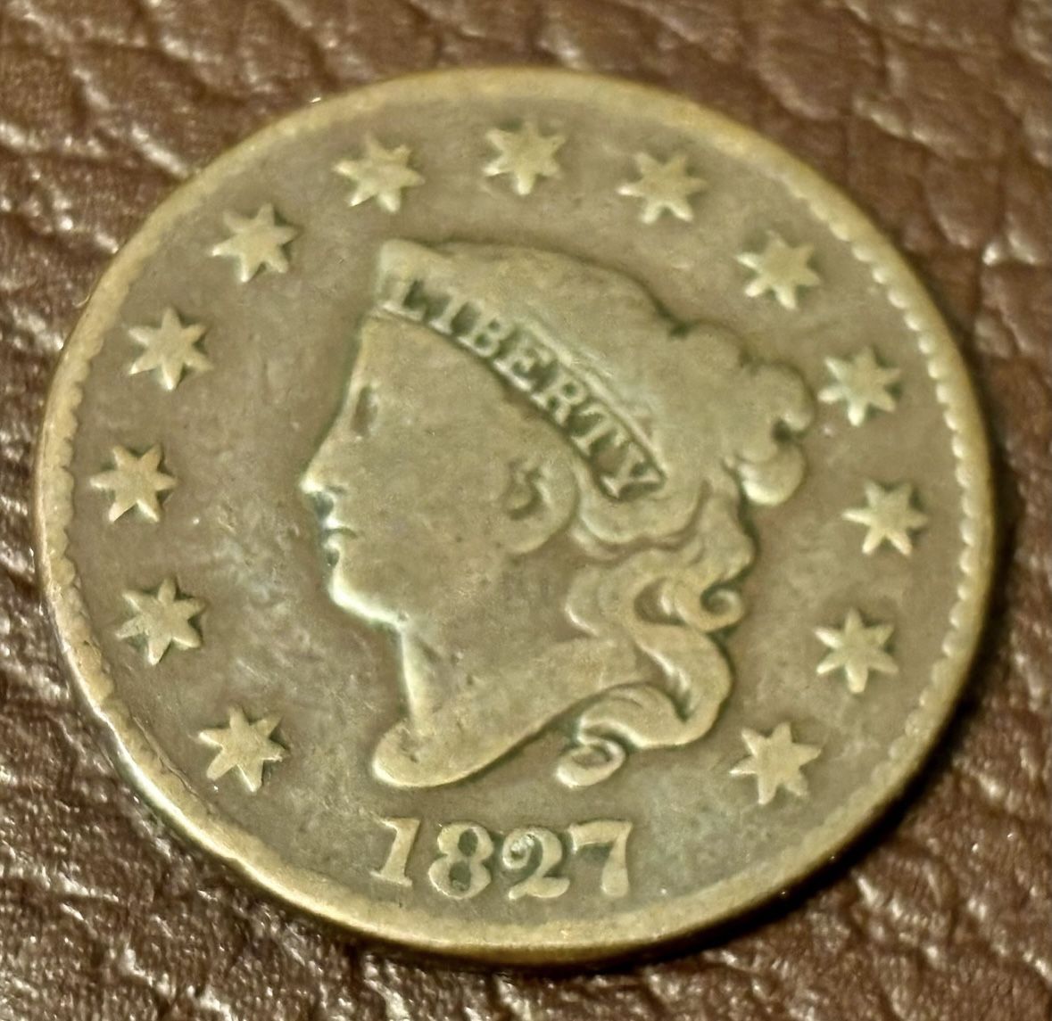 1 cent 1827. Antique coin USA. 