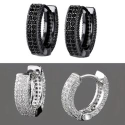 2-Pairs Exquisite Micro Pave Black/White Gold Plated Cubic Zirconia 15mm/13mm Men Women Hoop Earrings