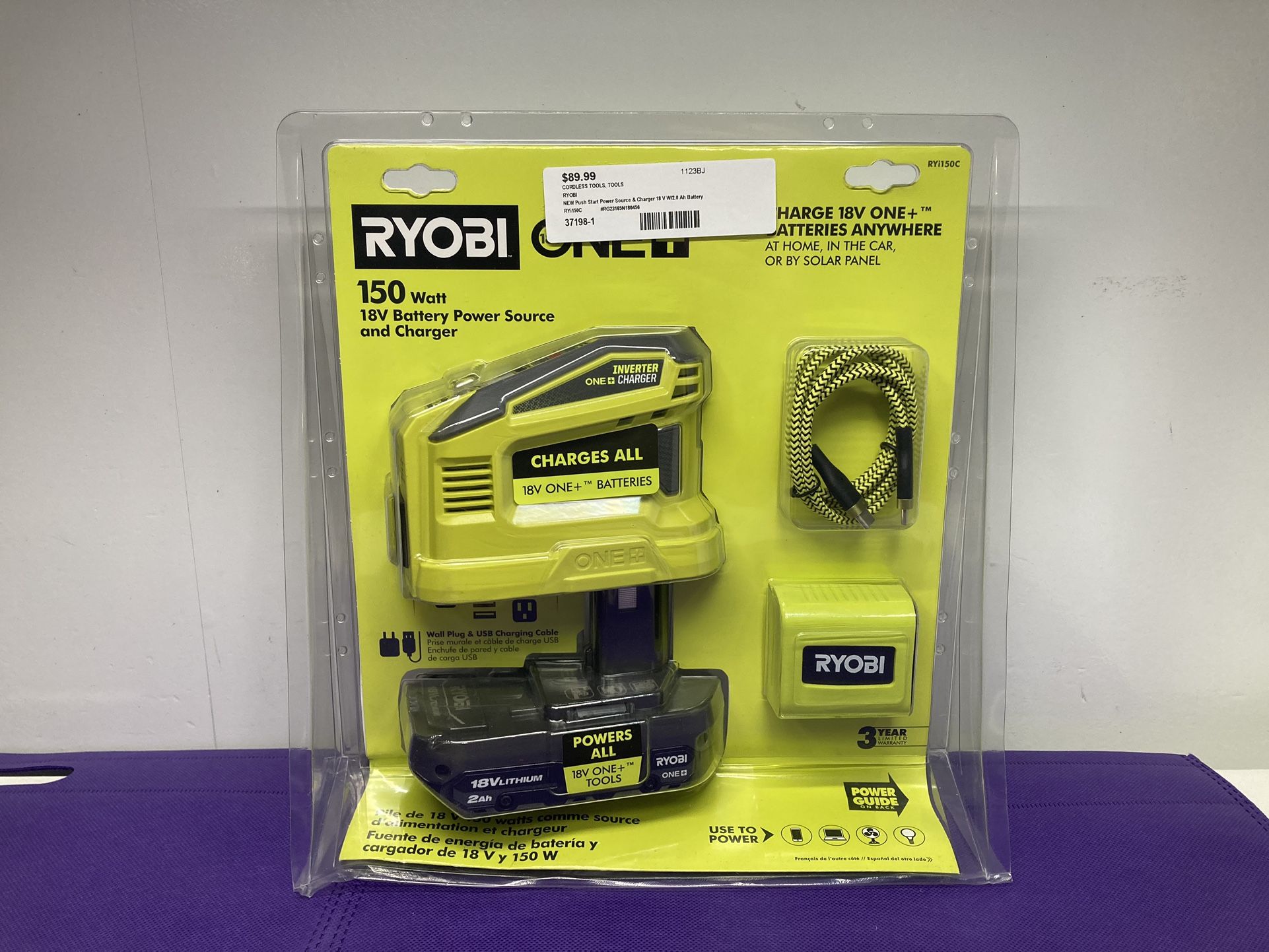 NEW RYOBI RYi150C Push Start Power Source & Charger 18 V W/2.0 Ah Battery