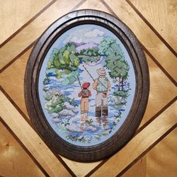 Vintage Oval Needlepoint ART Fisherman And Boy 