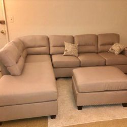 Brand New Sand Color Linen Sectional Sofa +Ottoman (New In Box) 