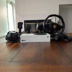 Xbox Series S, 2 Controllers, One Pair Of Headphones Missing The Mic Unfortunately, And A Racing Wheel And Pedals Sim, Cables, Plus Monitor Msi