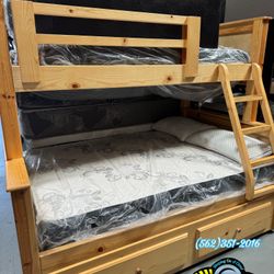 New Natural Solid Pinewood Triple Bunk Bed Twin Over Full Over Twin Pull Out Trundle & All Three Mattresses 