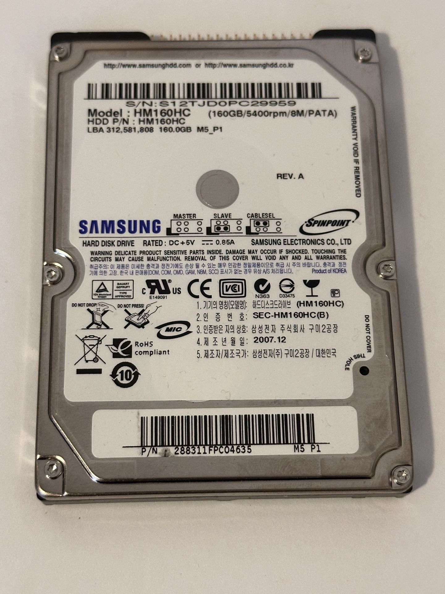 Samsung HM160HC 160 GB 5400RPM 2.5" IDE PATA laptop notebook hard drive