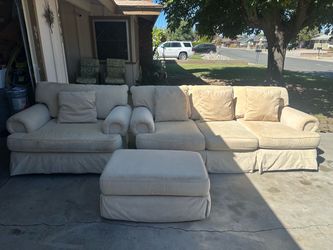 Cream Fabric Sofa Set with Ottoman