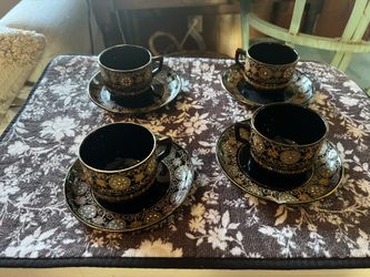 4 Cups With Four Saucers, Gibson And Sons Greek Border Made In England Black Gold Style