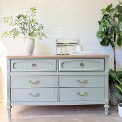 Vintage Solid Wood  High Quality Dresser 6 Drawer Sage green