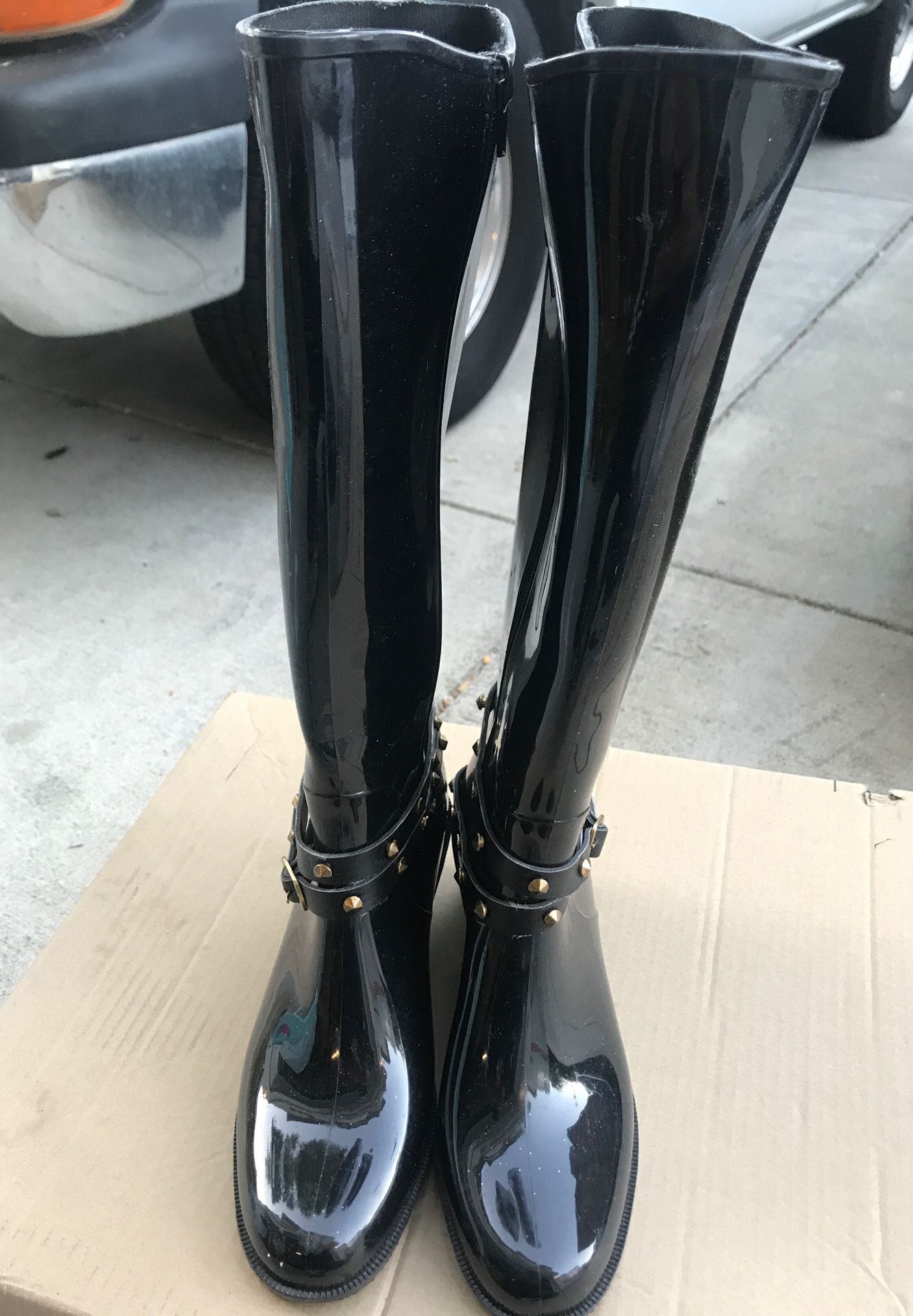 Faux Leather Black Rain boots With Spikes