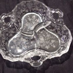 Clear glass three-part relish dish with etched 'Rose Point' pattern by Cambridge Glass Company