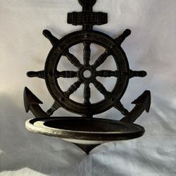 Antique boat wheel and anchor wall shelf