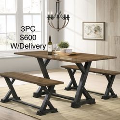 3PC FARM HOUSE STYLE DINING SET W/BENCHES