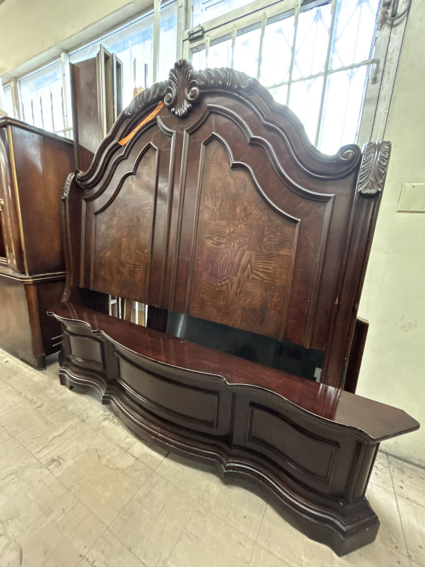 Ornate Traditional Queen Sleigh Bed Frame Set - Dark Mahogany Wood Headboard, Footboard, Side Rails