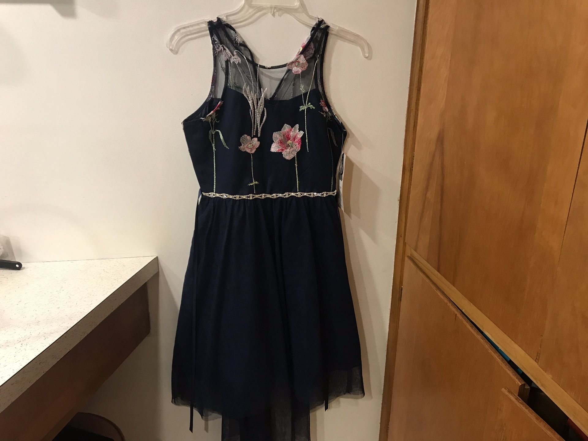 NEW Rare Editions Navy Embroidered Flowers Multi length Dress Sz14 Made 4 Macy’s