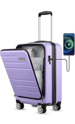 LUGGEX Carry On Luggage with Pocket Compartment - PC Hard Shell Suitcase with USB Port - Travel Carryon Luggage 22x14x9 Airline Approved (Purple Suitc