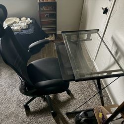 Ergonomic Office Chair & Glass Desk and Accessories