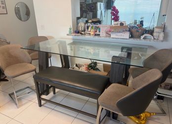 Dining Table with 4 Chairs & a Bench in Gray Wood and Glass