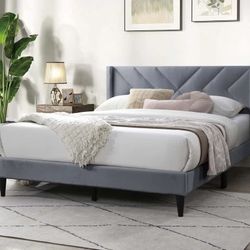Queen Size Grey Button Bed W Ortho Mattress 