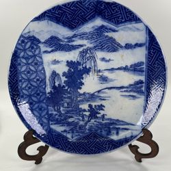 Antique Japanese Igezara Blue & White Porcelain Charger Plate 14.5” 19-20th Cent