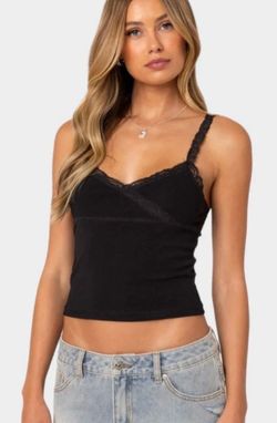 Edikted Women's S Amilia Lace Trim Tank Top Black V-Neck Spaghetti Strap NWOT