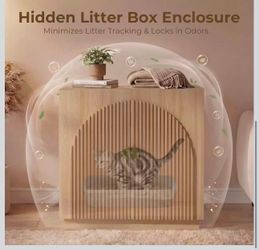 Large Litter Box Enclosure, Fluted Hidden Cat Litter Box Cabinet with Storage, Symmetrical Curved Accent Sideboard Furniture (Natural)