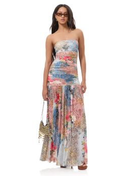 AFRM Denise Dress Iris Patchwork Strapless Maxi Dress Size XS New