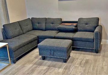 Charcoal linen sectional couch with drop down table