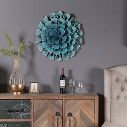 LuxenHome - Metal Flower Wall Decor, Aged Teal Blue Floral Wall Decoration, 3D Hanging Flower Sculpture, Metallic Gold Details, Living Room