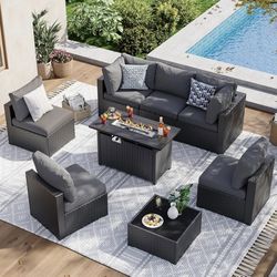 New, 8 Piece Patio Furniture Set with 44” Fire Pit Table