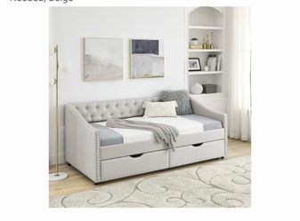 Wood Twin Daybed, Day Bed Frame with 2 Storage Drawers, Upholstered Twin Bed Frame Sofa Couch with Button and Nailhead Design for Bedroom Guest Room, 
