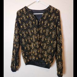 Vintage 80s Women’s Gold Pure Silk, Beaded, Sequined. Gold Jacket Size Medium