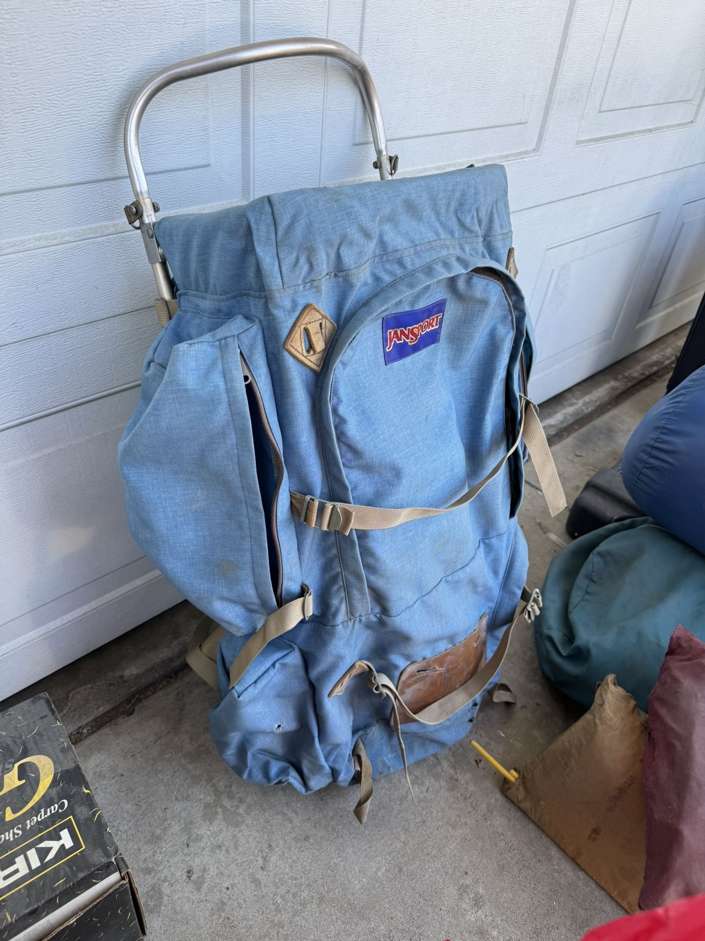 JANSPORT Backpack SCOUT External Frame Lightweight Nylon Hiking Camping blue With Red Cover