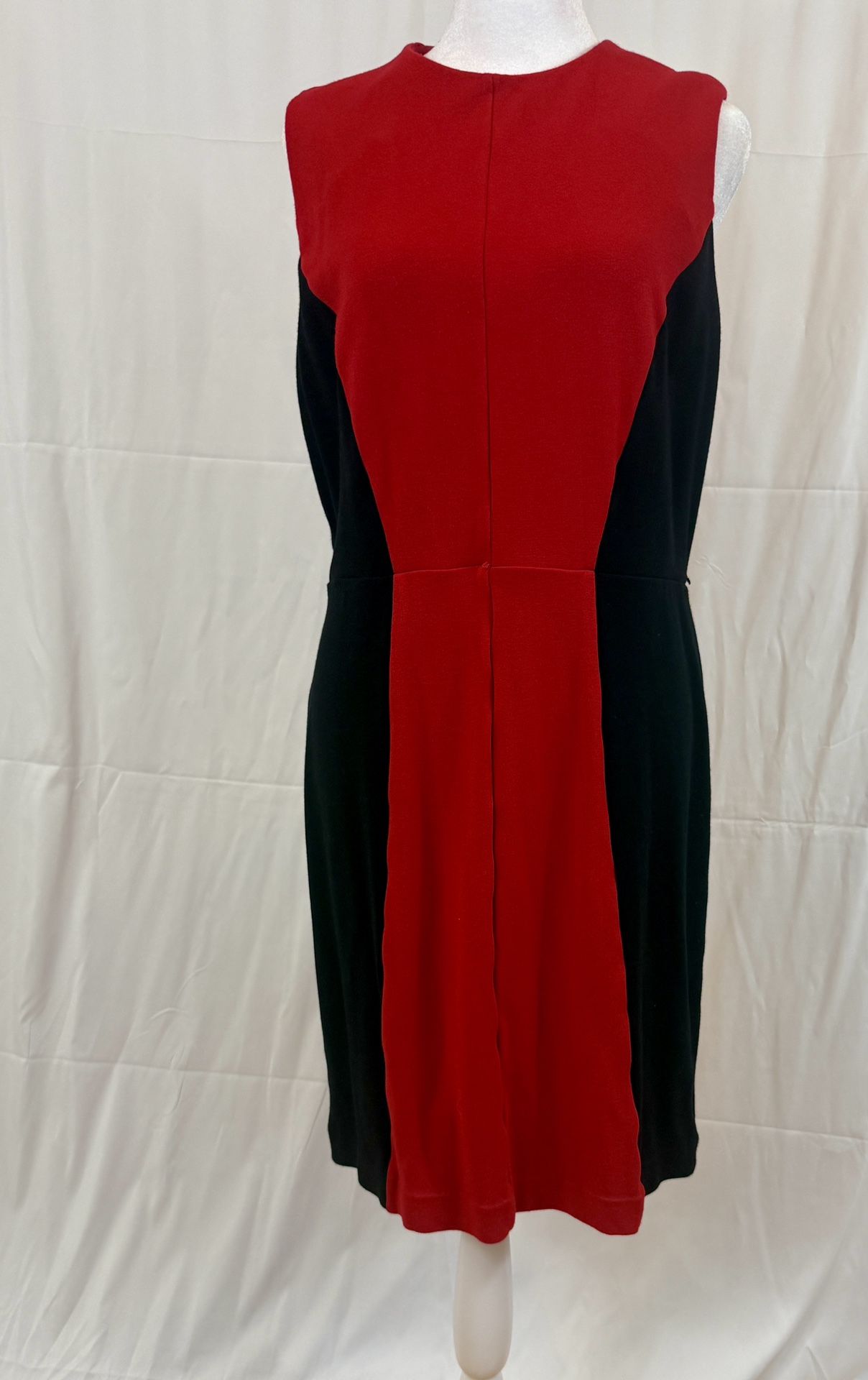 Calvin Klein Sheath Dress Red Black Colorblock Zippered Sleeveless Midi, 12