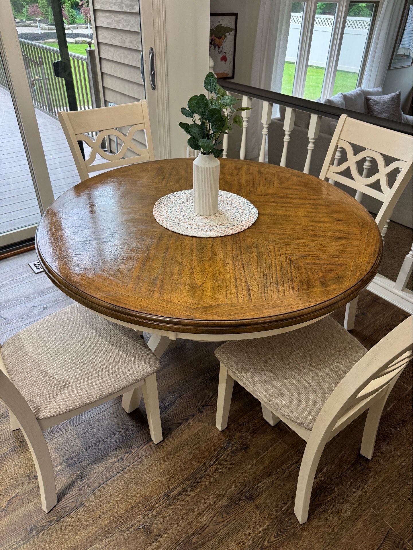 Lark Manor Round Dining Table + 4 Chairs – Walnut & White, Excellent Condition
