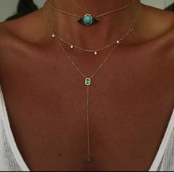 (Shipped Only) Green White Turquoise Stones 925 Sterling Silver Choker Long Chain Three Layer Necklace