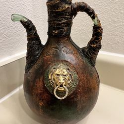 Vintage Leather Covered Glass Decanter Bottle Jug Lion Head Made in Morocco