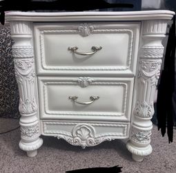 Vintage French Provincial White Nightstand with Gold Hardware - 2 Drawers