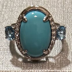 Sleeping Beauty Turquoise and Swiss Blue Topaz and White Zircon Sterling Silver Ring