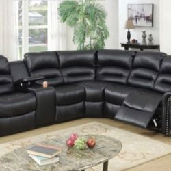 Brand New Black Leather Reclining Sectional Sofa 