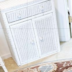 White wicker solid wood rattan cottage credenza server sideboard cabinet chest sunroom Country Kitchen Cupboard