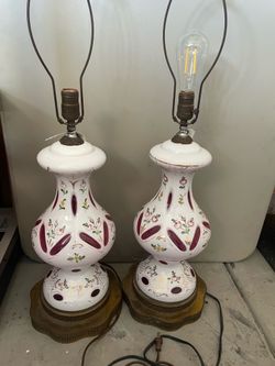 VTG Pair Bohemian Czech Moser White Cut to Cranberry Glass Enameled Table Lamps