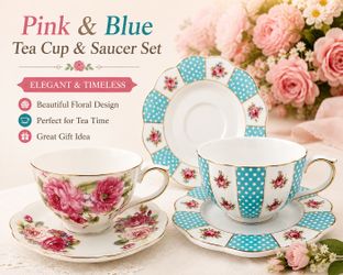 Vintage Floral Tea Cup & Saucer Set – Pink & Blue Elegant Porcelain Collection