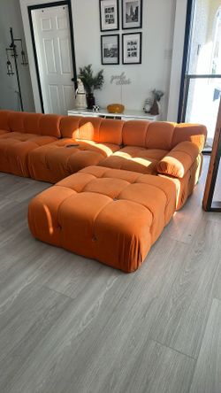Square Arm 6-piece U Shaped Velvet Modular Free Combination Sectional Sofa with Ottoman in. Orange