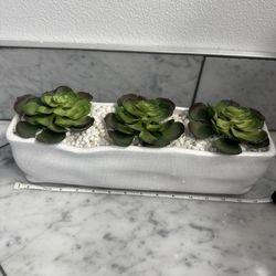 3 Faux Green succulents In Rectangular Ceramic White Planter