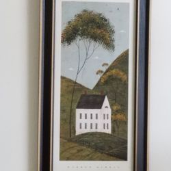 Warren Kimble American Folk Art framed print "House in Hills" in good condition.