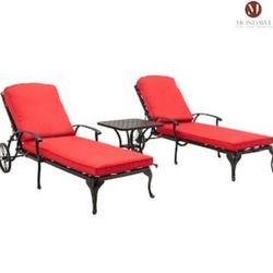 Outdoor lounge chairs - Pool lounge chairs set of 2 with cushions and 1 outdoor side table, cast aluminum waterproof lounge chair with wheels and adju