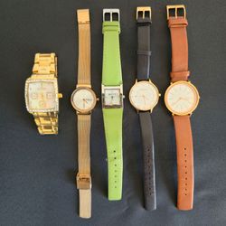 Lot of 5 Skagen Gold Tone Watches – Mesh Band, Leather Straps & Crystal Bezel (New Batteries)