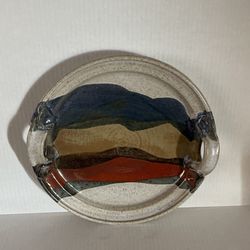 Pottery Round Dish With Handles Signed On The Back 